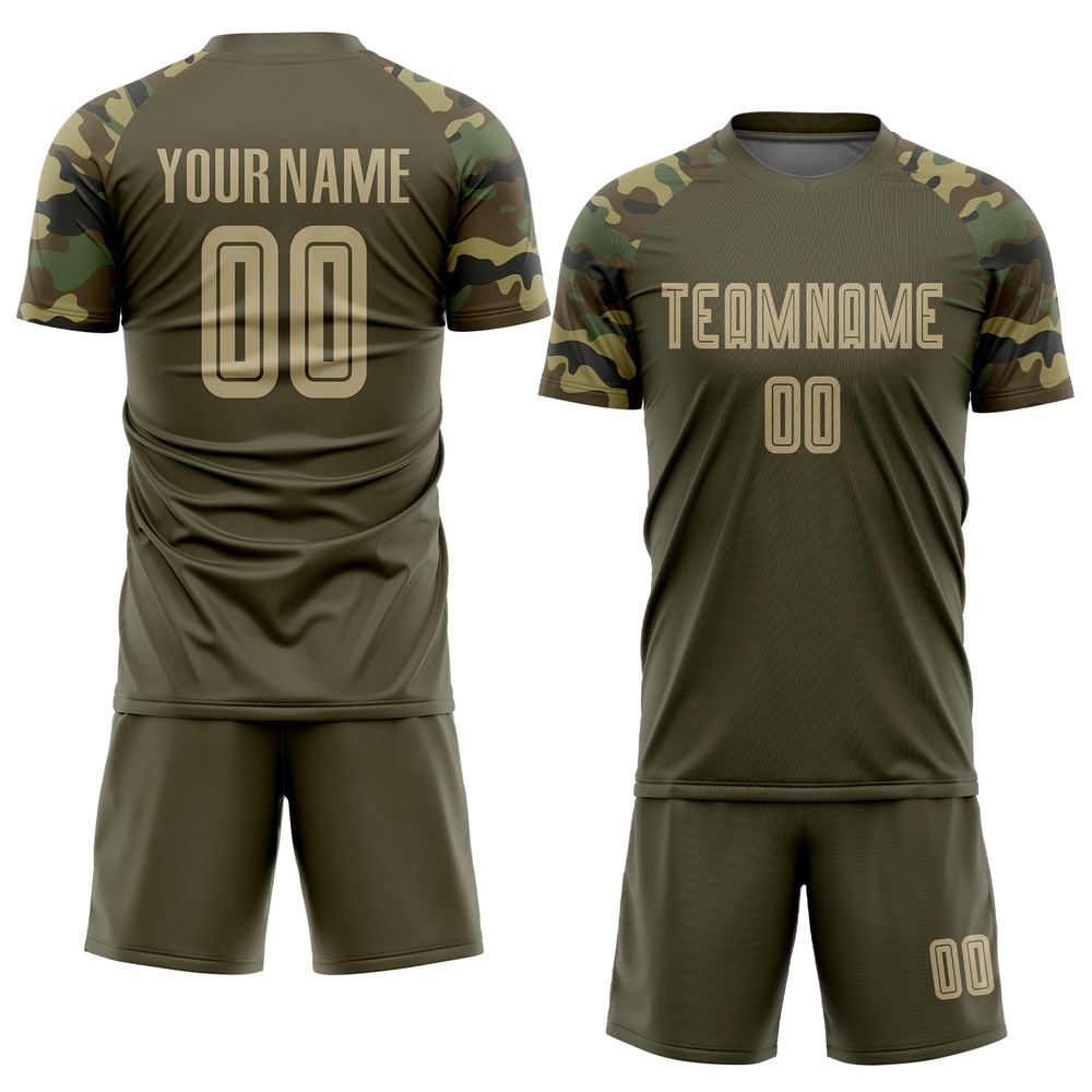 Olive Vegas Gold Camo Sublimation Salute To Service Soccer Uniform Jersey, Custom Team Soccer Jersey Shirt Olive Vegas Gold Camo Sublimation Salute To Service Soccer Uniform Jersey, Custom Team Soccer Jersey Shirt