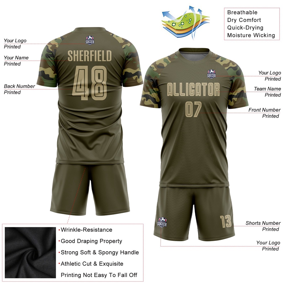Olive Vegas Gold Camo Sublimation Salute To Service Soccer Uniform Jersey, Custom Team Soccer Jersey Shirt Olive Vegas Gold Camo Sublimation Salute To Service Soccer Uniform Jersey, Custom Team Soccer Jersey Shirt