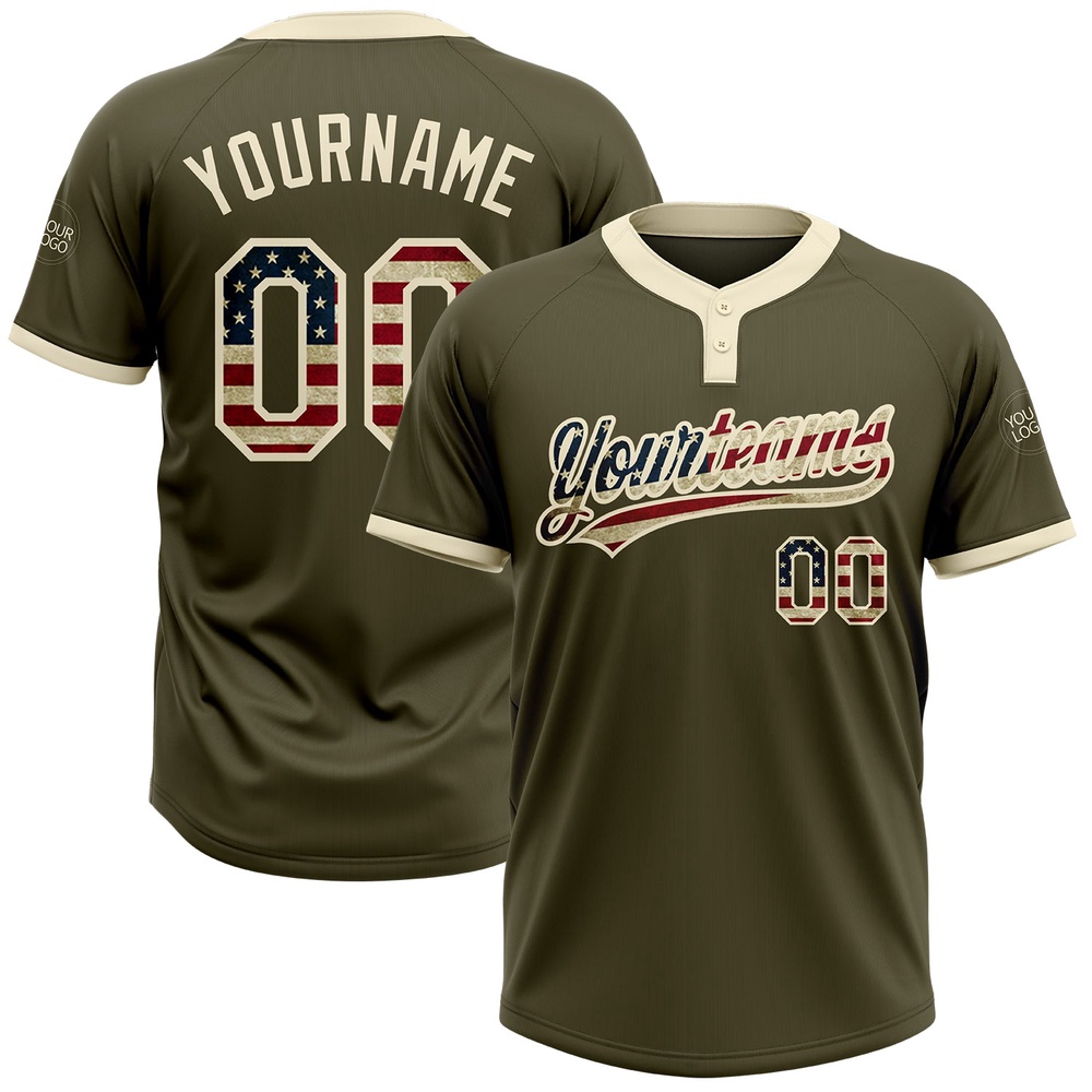 Olive Vintage USA Flag Cream Salute To Service Two Button Unisex Softball Jersey, Custom Team Softball Jersey Olive Vintage USA Flag Cream Salute To Service Two Button Unisex Softball Jersey, Custom Team Softball Jersey
