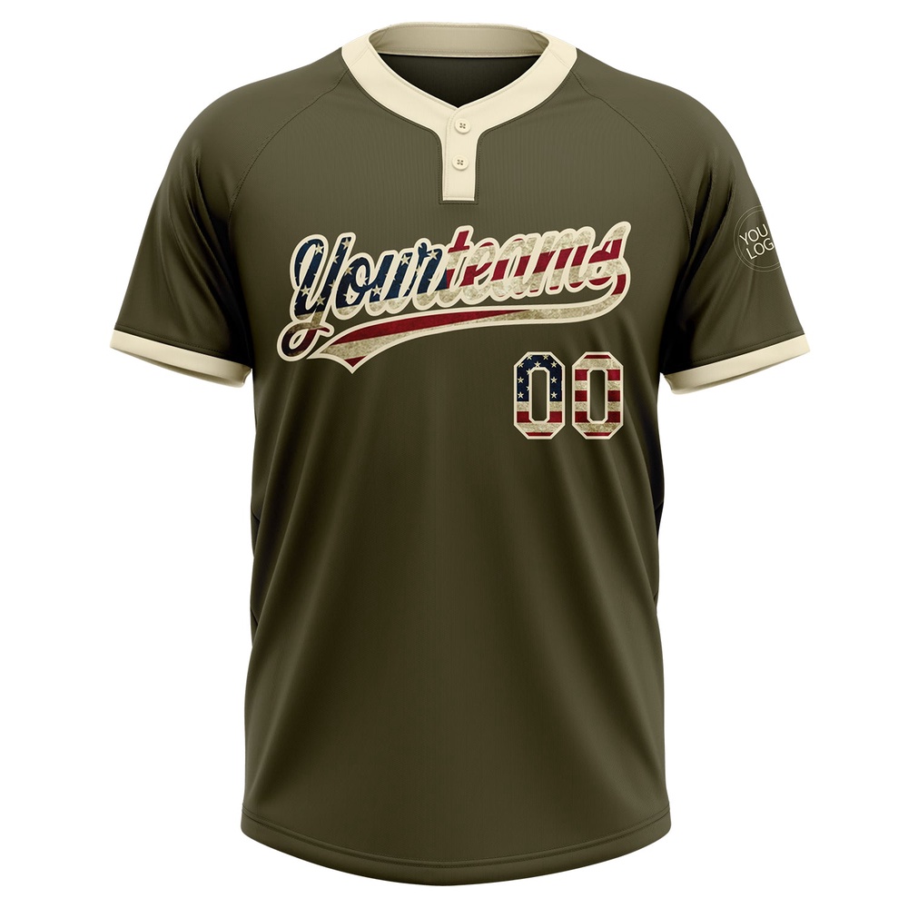 Olive Vintage USA Flag Cream Salute To Service Two Button Unisex Softball Jersey, Custom Team Softball Jersey Olive Vintage USA Flag Cream Salute To Service Two Button Unisex Softball Jersey, Custom Team Softball Jersey