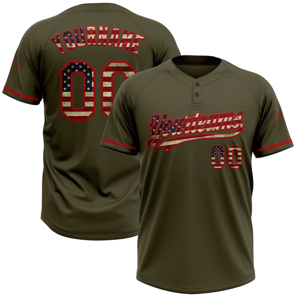 Olive Vintage USA Flag Red Salute To Service Two Button Unisex Softball Jersey, Custom Team Softball Jersey