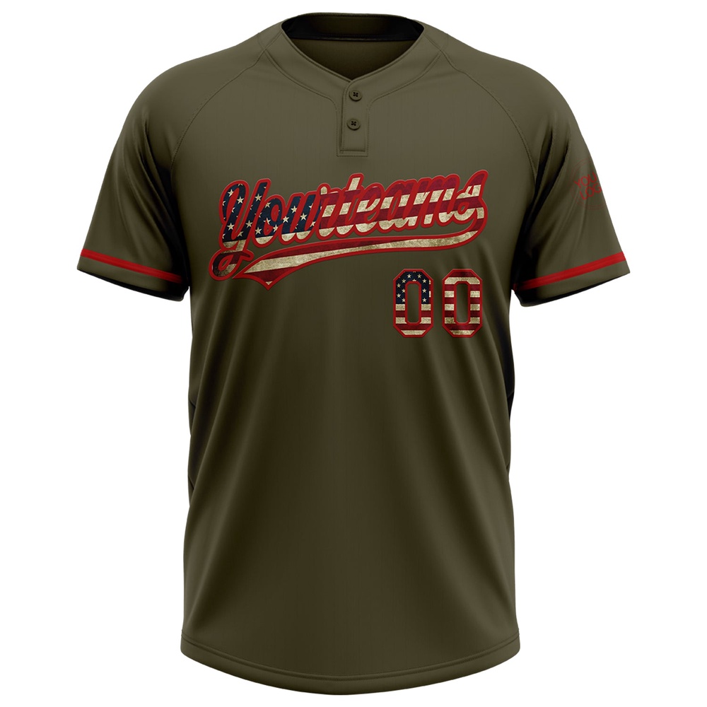Olive Vintage USA Flag Red Salute To Service Two Button Unisex Softball Jersey, Custom Team Softball Jersey