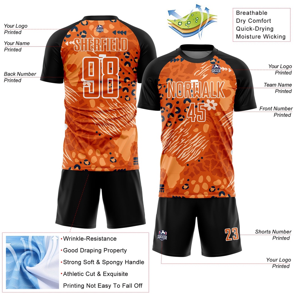 Orange Bay Orange Black African Pattern Sublimation Soccer Uniform Jersey, Custom Team Soccer Jersey Shirt