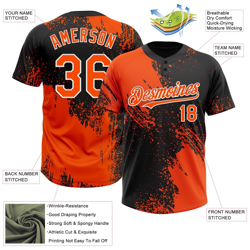 Orange Black White 3D Pattern Abstract Brush Stroke Two Button Unisex Softball Jersey, Custom Team Softball Jersey Orange Black White 3D Pattern Abstract Brush Stroke Two Button Unisex Softball Jersey, Custom Team Softball Jersey