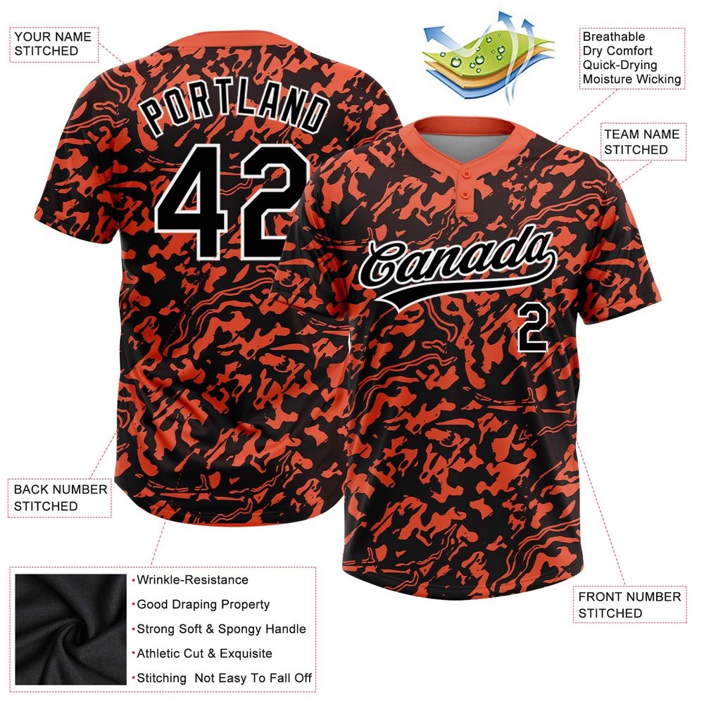 Orange Black White 3D Pattern Two Button Unisex Softball Jersey, Custom Team Softball Jersey Orange Black White 3D Pattern Two Button Unisex Softball Jersey, Custom Team Softball Jersey