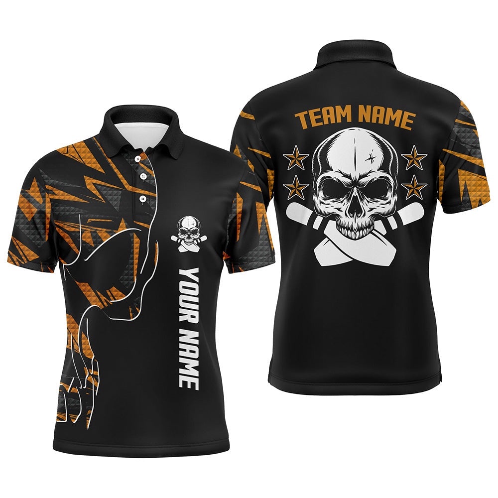 Orange Camo Black Bowling Polo Shirts For Men Custom Team Name Skull Bowling, Team Bowling Shirts, Personalized Bowling Team Shirt Orange Camo Black Bowling Polo Shirts For Men Custom Team Name Skull Bowling, Team Bowling Shirts, Personalized Bowling Team Shirt