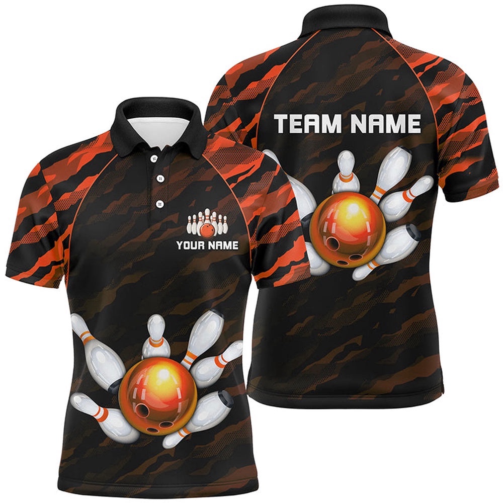 Orange Camo Bowling Polo Shirts Unisex Bowling Team Polo Shirt Men Women, Personalized Bowling Team Shirt