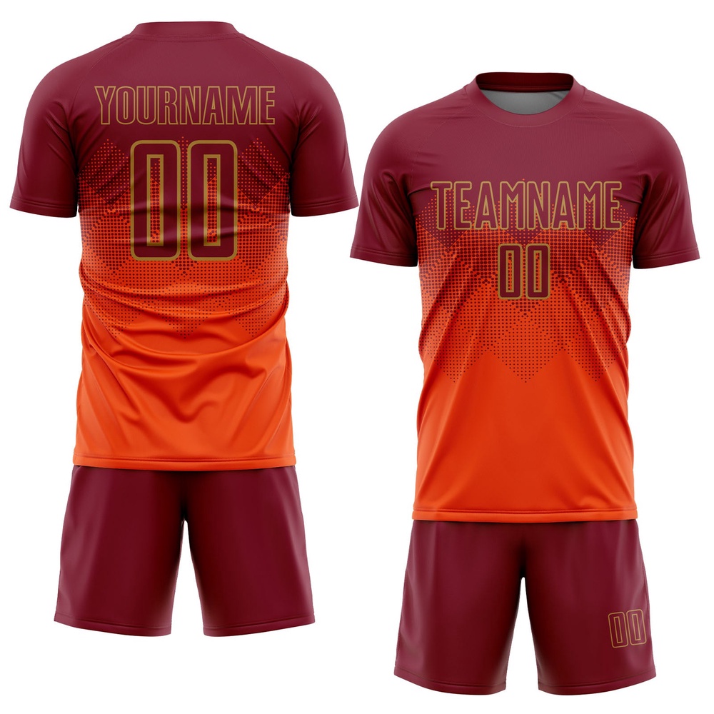 Orange Crimson Old Gold Sublimation Soccer Uniform Jersey, Custom Team Soccer Jersey Shirt Orange Crimson Old Gold Sublimation Soccer Uniform Jersey, Custom Team Soccer Jersey Shirt