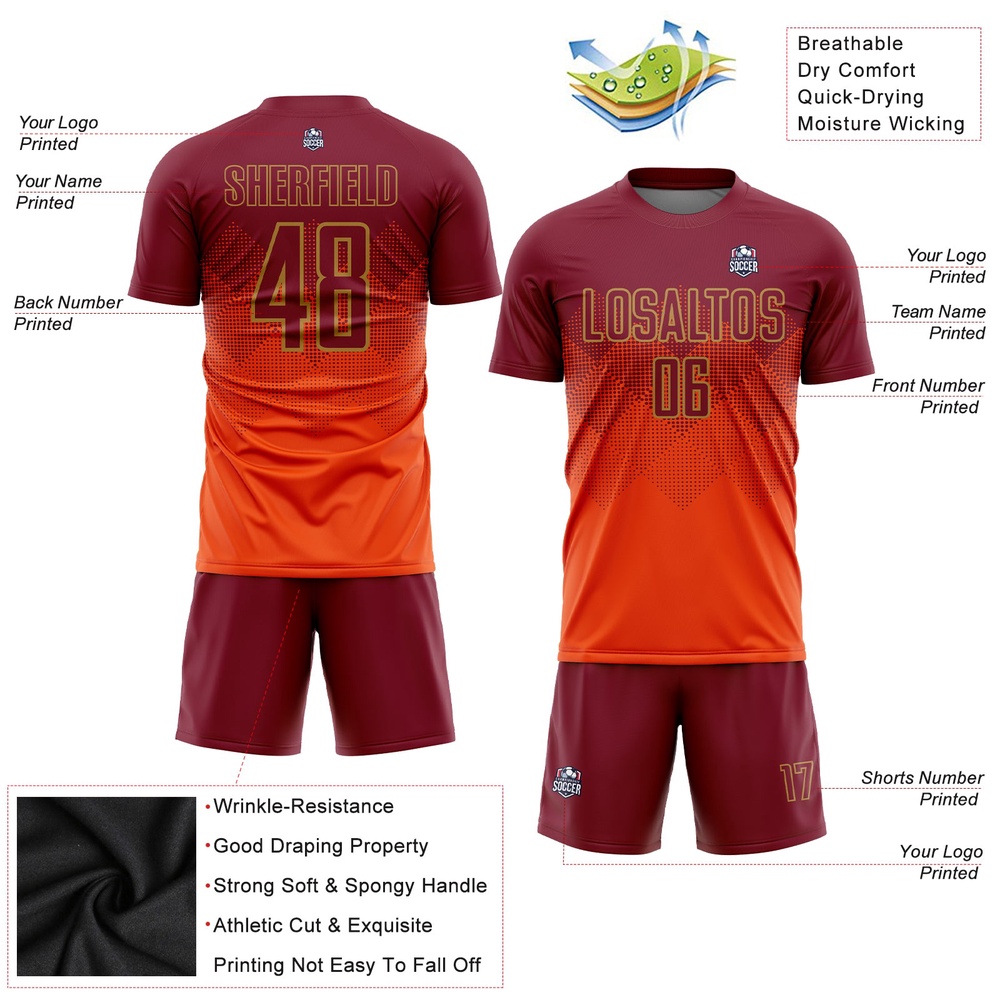Orange Crimson Old Gold Sublimation Soccer Uniform Jersey, Custom Team Soccer Jersey Shirt Orange Crimson Old Gold Sublimation Soccer Uniform Jersey, Custom Team Soccer Jersey Shirt
