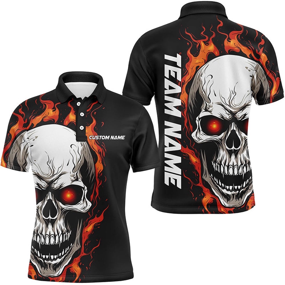 Orange Flame Skull Sport Polo Shirt, Custom Team Bowling Polo Shirts For Men, Bowler Outfits, Personalized Bowling Team Shirt Orange Flame Skull Sport Polo Shirt, Custom Team Bowling Polo Shirts For Men, Bowler Outfits, Personalized Bowling Team Shirt