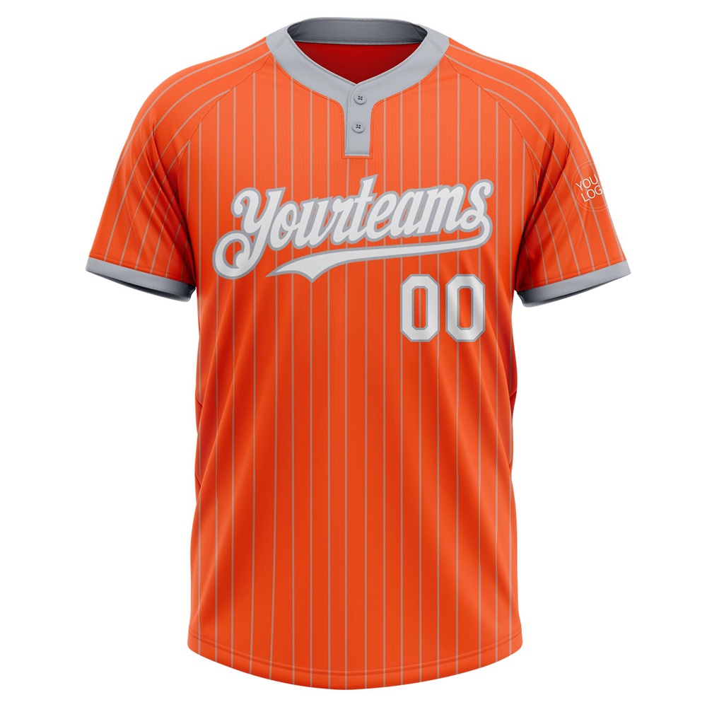 Orange Gray Pinstripe White Two Button Unisex Softball Jersey, Custom Team Softball Jersey