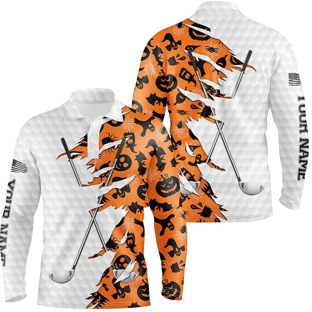 Orange Halloween Golf Pattern White Golf Ball Skin Men Golf Polo Shirts Custom Golf Clubs Outfit Men, Golf Polo Shirt, Golf Shirts Orange Halloween Golf Pattern White Golf Ball Skin Men Golf Polo Shirts Custom Golf Clubs Outfit Men, Golf Polo Shirt, Golf Shirts