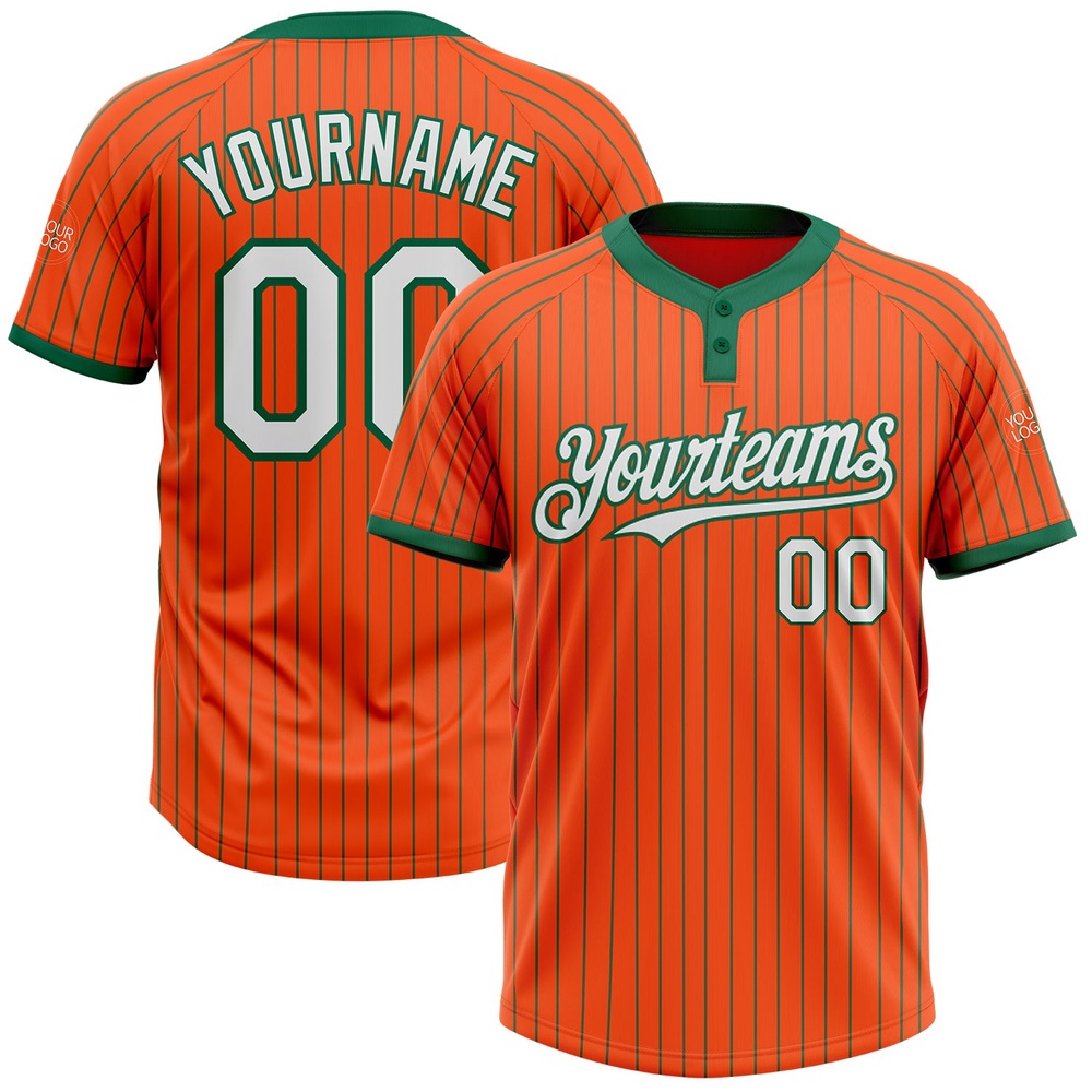 Orange Kelly Green Pinstripe White Two Button Unisex Softball Jersey, Custom Team Softball Jersey Orange Kelly Green Pinstripe White Two Button Unisex Softball Jersey, Custom Team Softball Jersey