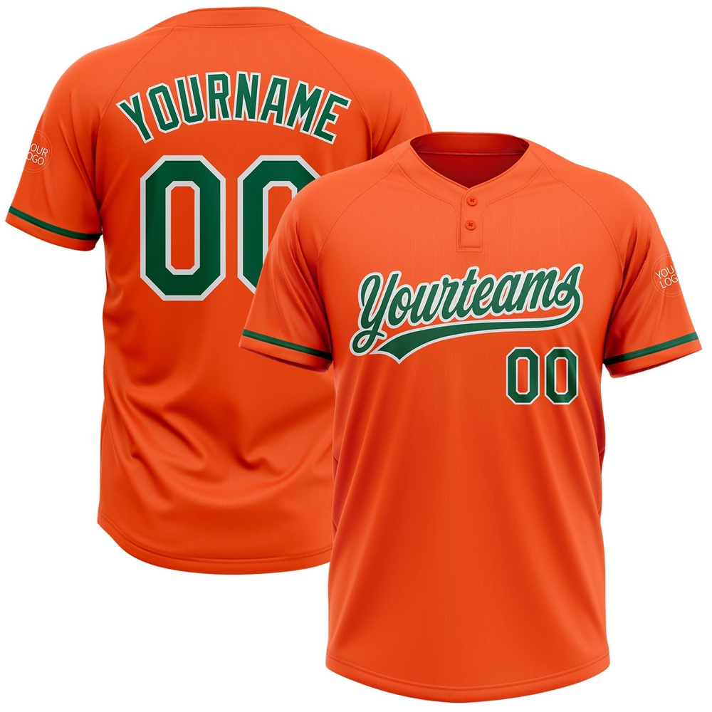 Orange Kelly Green White Two Button Unisex Softball Jersey, Custom Team Softball Jersey Orange Kelly Green White Two Button Unisex Softball Jersey, Custom Team Softball Jersey