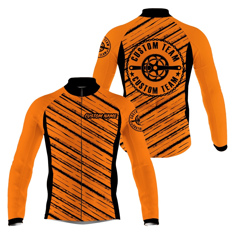 Orange Men Cycling Jersey Custom Name Cycle Gear With 3 Pockets Anti Uv Full Zip Racewear, Custom Mono Cycling Jersey