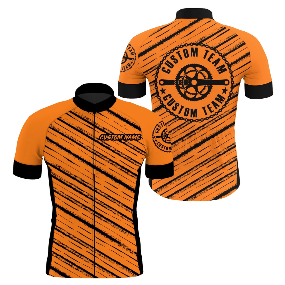 Orange Men Cycling Jersey Custom Name Cycle Gear With 3 Pockets Anti Uv Full Zip Racewear, Custom Mono Cycling Jersey