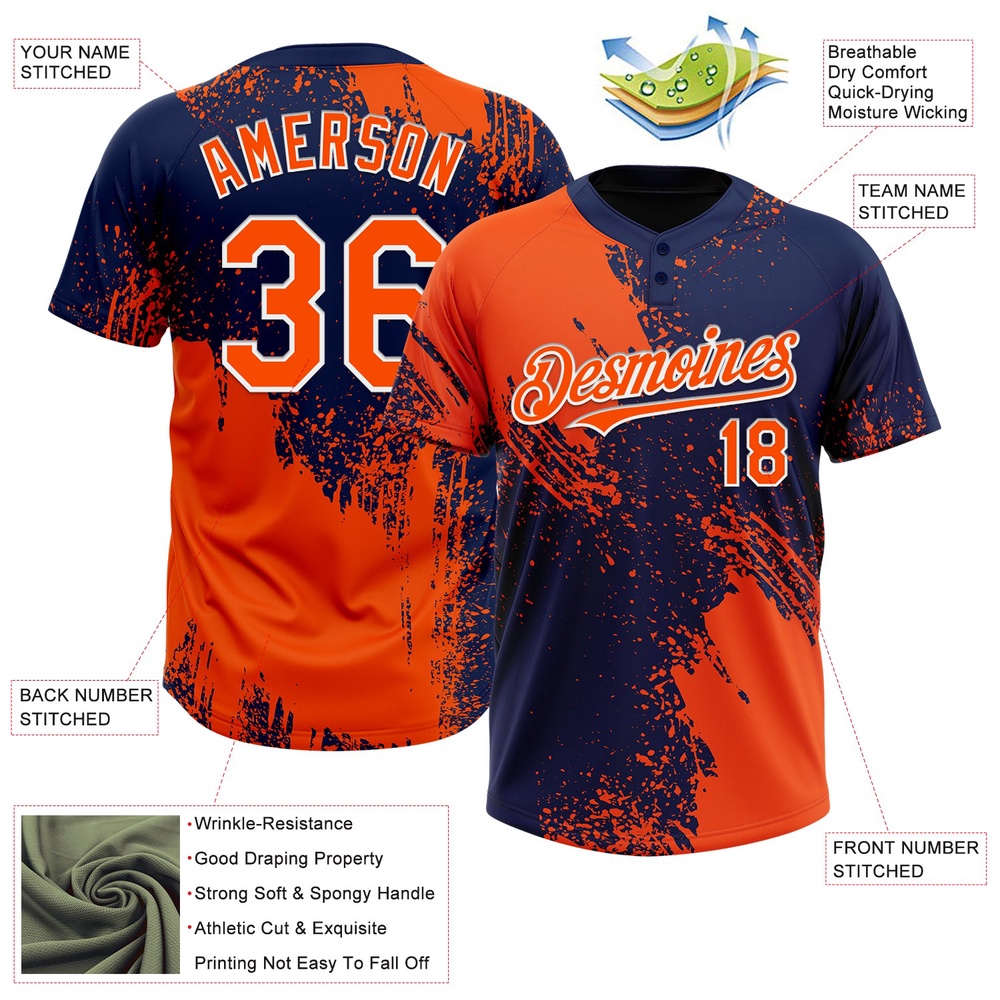 Orange Navy White 3D Pattern Abstract Brush Stroke Two Button Unisex Softball Jersey, Custom Team Softball Jersey Orange Navy White 3D Pattern Abstract Brush Stroke Two Button Unisex Softball Jersey, Custom Team Softball Jersey