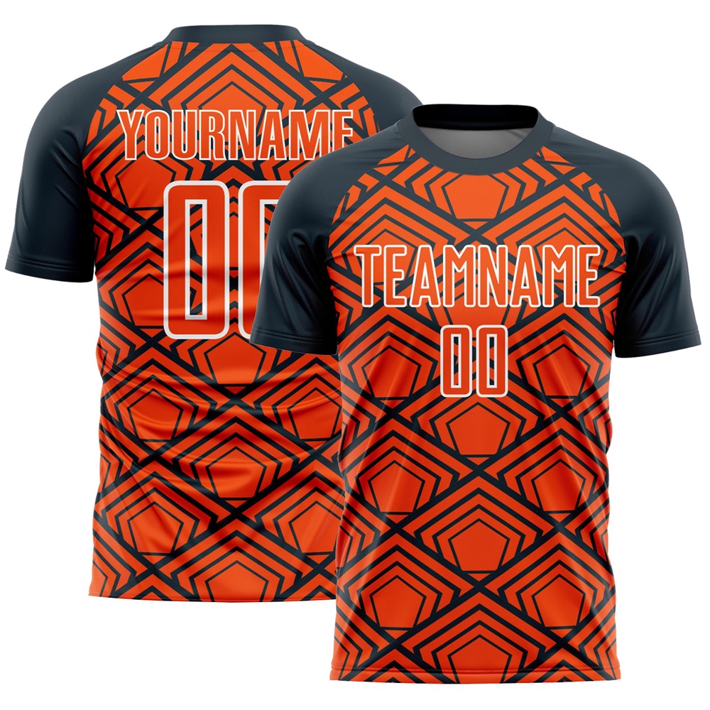 Orange Navy White Geometric Pattern Sublimation Soccer Uniform Jersey, Custom Team Soccer Jersey Shirt Orange Navy White Geometric Pattern Sublimation Soccer Uniform Jersey, Custom Team Soccer Jersey Shirt