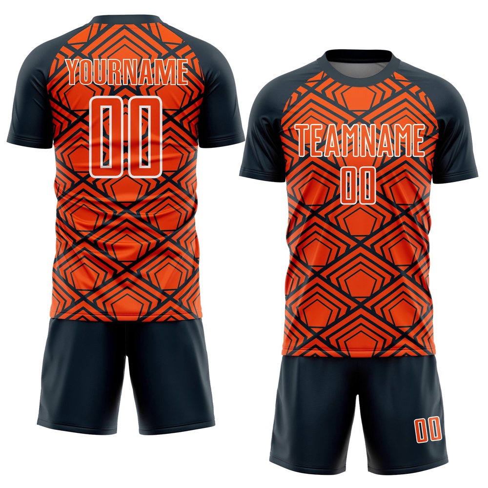 Orange Navy White Geometric Pattern Sublimation Soccer Uniform Jersey, Custom Team Soccer Jersey Shirt Orange Navy White Geometric Pattern Sublimation Soccer Uniform Jersey, Custom Team Soccer Jersey Shirt