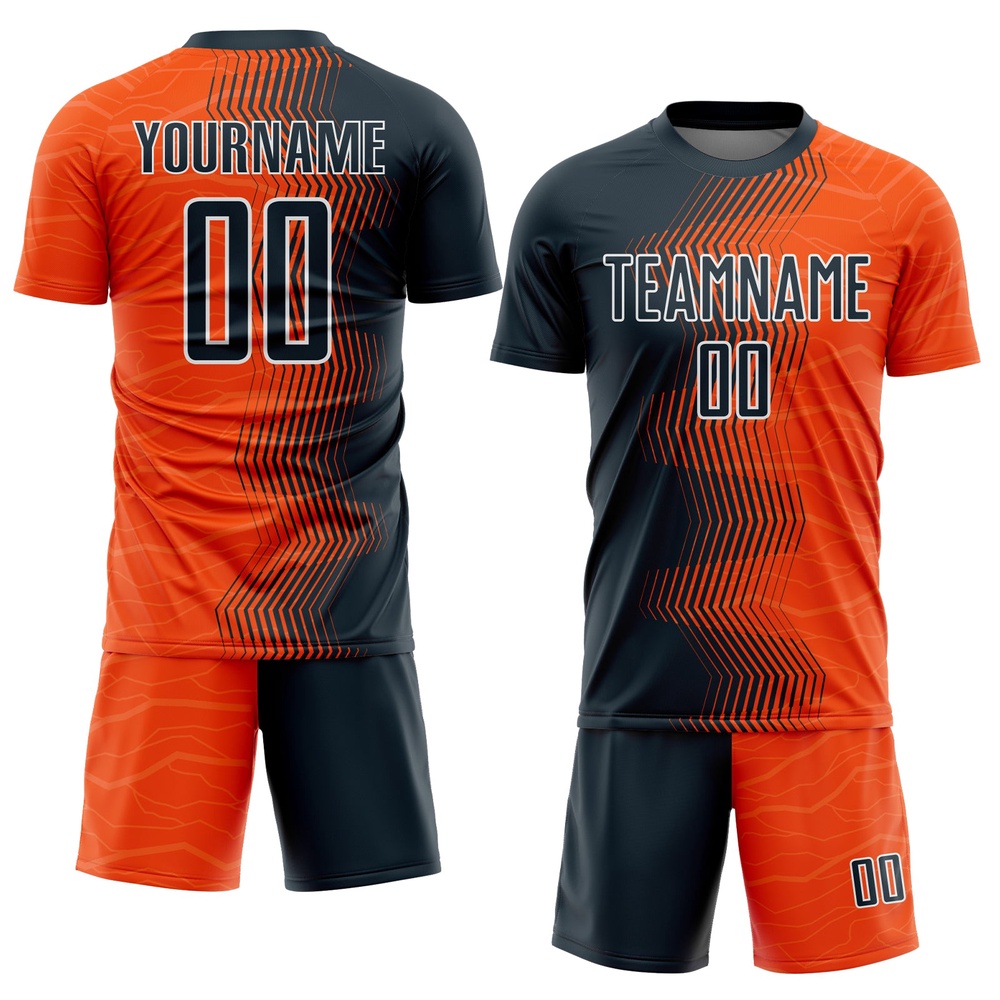 Orange Navy White Gradient Arrow Sublimation Soccer Uniform Jersey, Custom Team Soccer Jersey Shirt Orange Navy White Gradient Arrow Sublimation Soccer Uniform Jersey, Custom Team Soccer Jersey Shirt