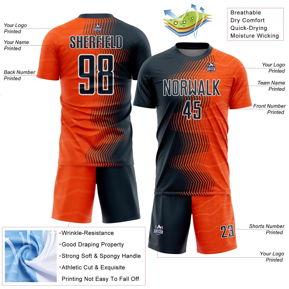 Orange Navy White Gradient Arrow Sublimation Soccer Uniform Jersey, Custom Team Soccer Jersey Shirt Orange Navy White Gradient Arrow Sublimation Soccer Uniform Jersey, Custom Team Soccer Jersey Shirt