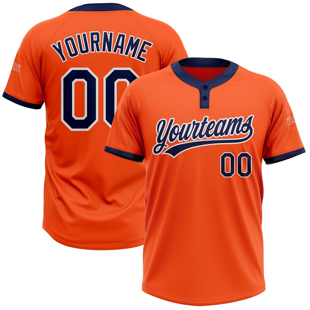 Orange Navy White Two Button Unisex Softball Jersey, Custom Team Softball Jersey Orange Navy White Two Button Unisex Softball Jersey, Custom Team Softball Jersey