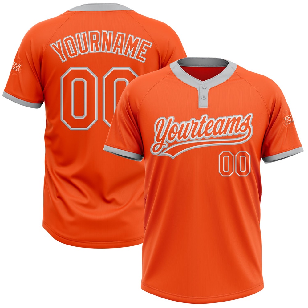 Orange Orange Gray Two Button Unisex Softball Jersey, Custom Team Softball Jersey Orange Orange Gray Two Button Unisex Softball Jersey, Custom Team Softball Jersey