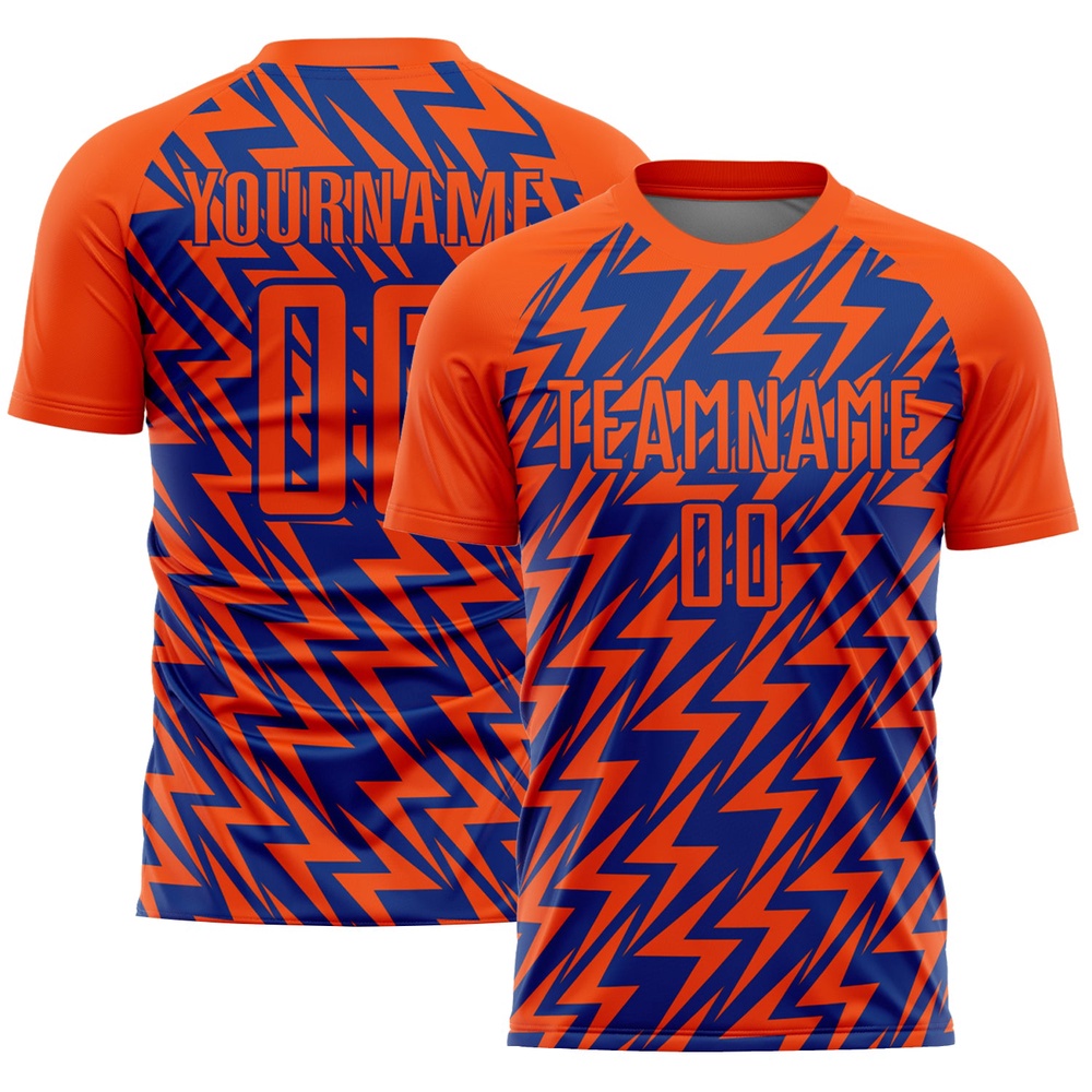 Orange Royal Lightning Sublimation Soccer Uniform Jersey, Custom Team Soccer Jersey Shirt Orange Royal Lightning Sublimation Soccer Uniform Jersey, Custom Team Soccer Jersey Shirt