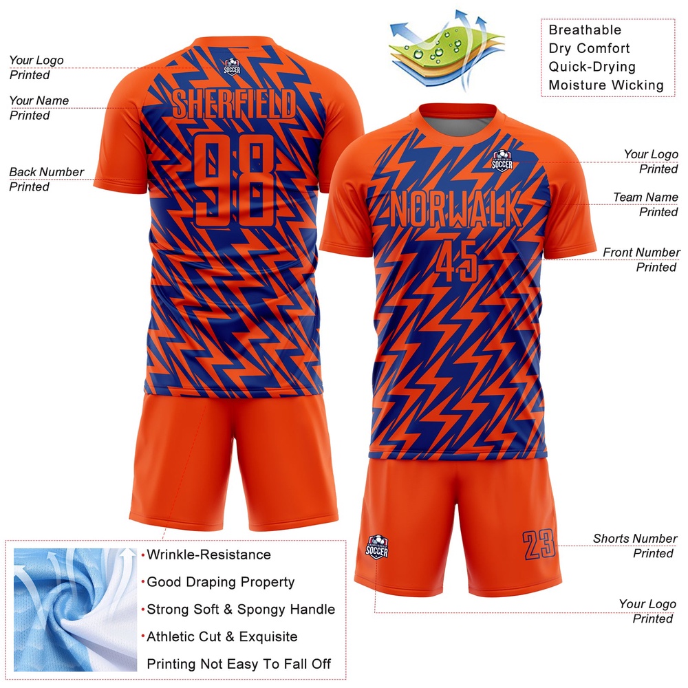 Orange Royal Lightning Sublimation Soccer Uniform Jersey, Custom Team Soccer Jersey Shirt Orange Royal Lightning Sublimation Soccer Uniform Jersey, Custom Team Soccer Jersey Shirt