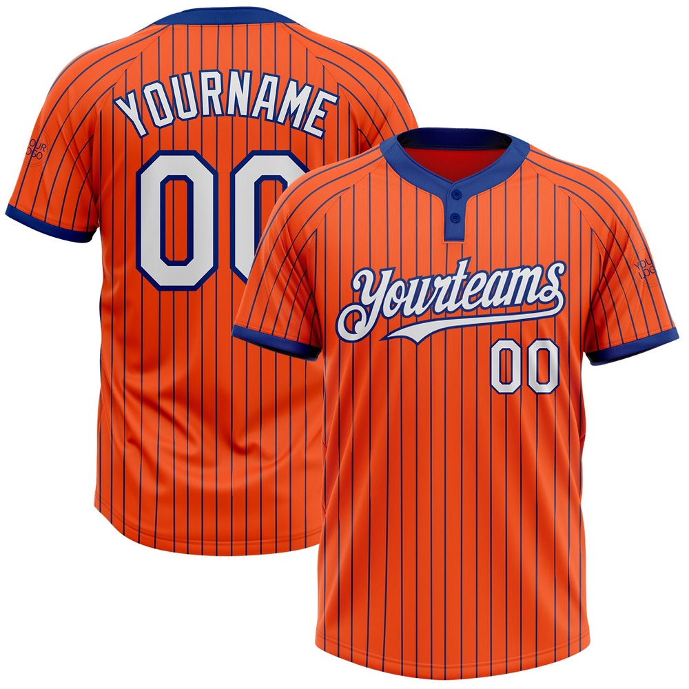 Orange Royal Pinstripe White Two Button Unisex Softball Jersey, Custom Team Softball Jersey Orange Royal Pinstripe White Two Button Unisex Softball Jersey, Custom Team Softball Jersey