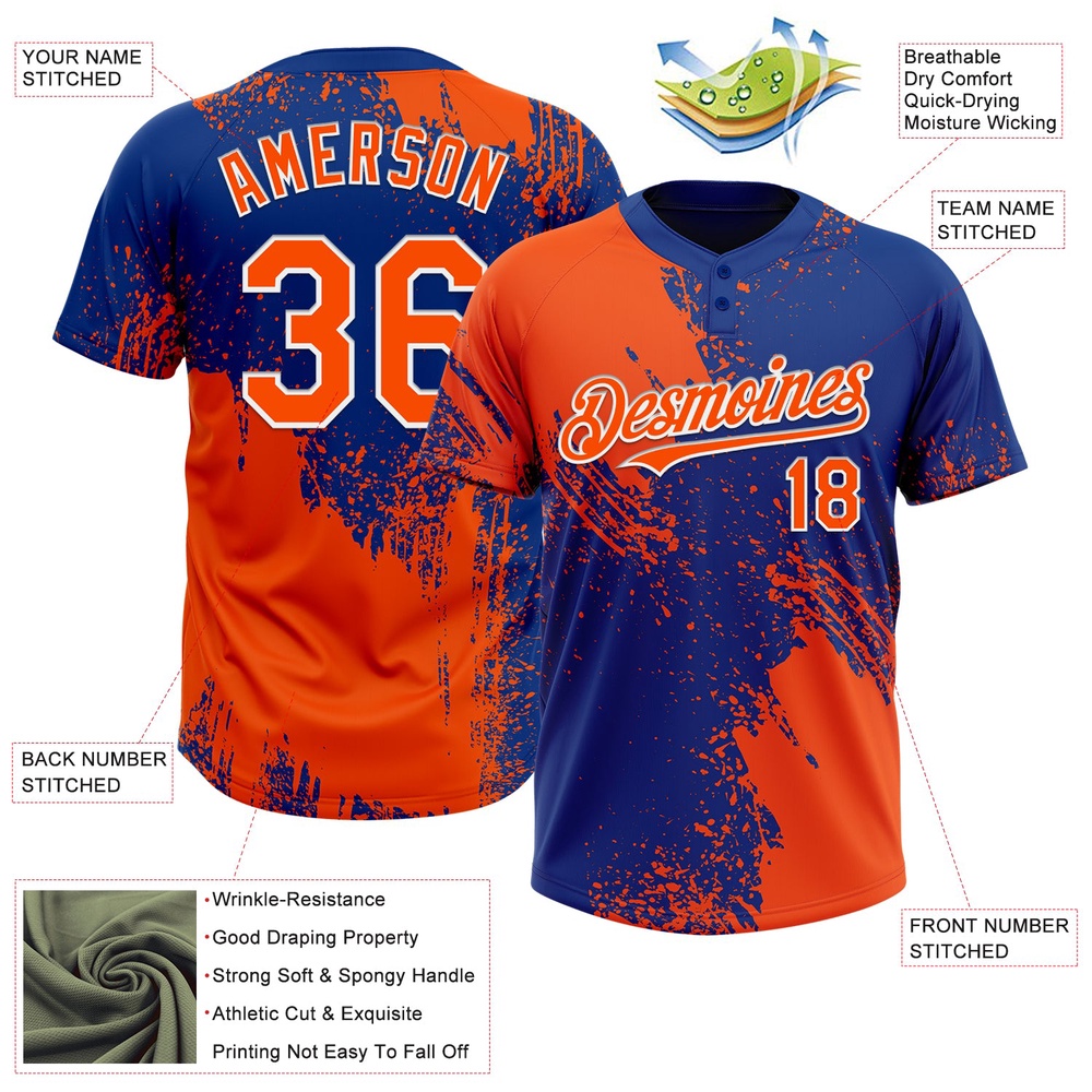 Orange Royal White 3D Pattern Abstract Brush Stroke Two Button Unisex Softball Jersey, Custom Team Softball Jersey Orange Royal White 3D Pattern Abstract Brush Stroke Two Button Unisex Softball Jersey, Custom Team Softball Jersey