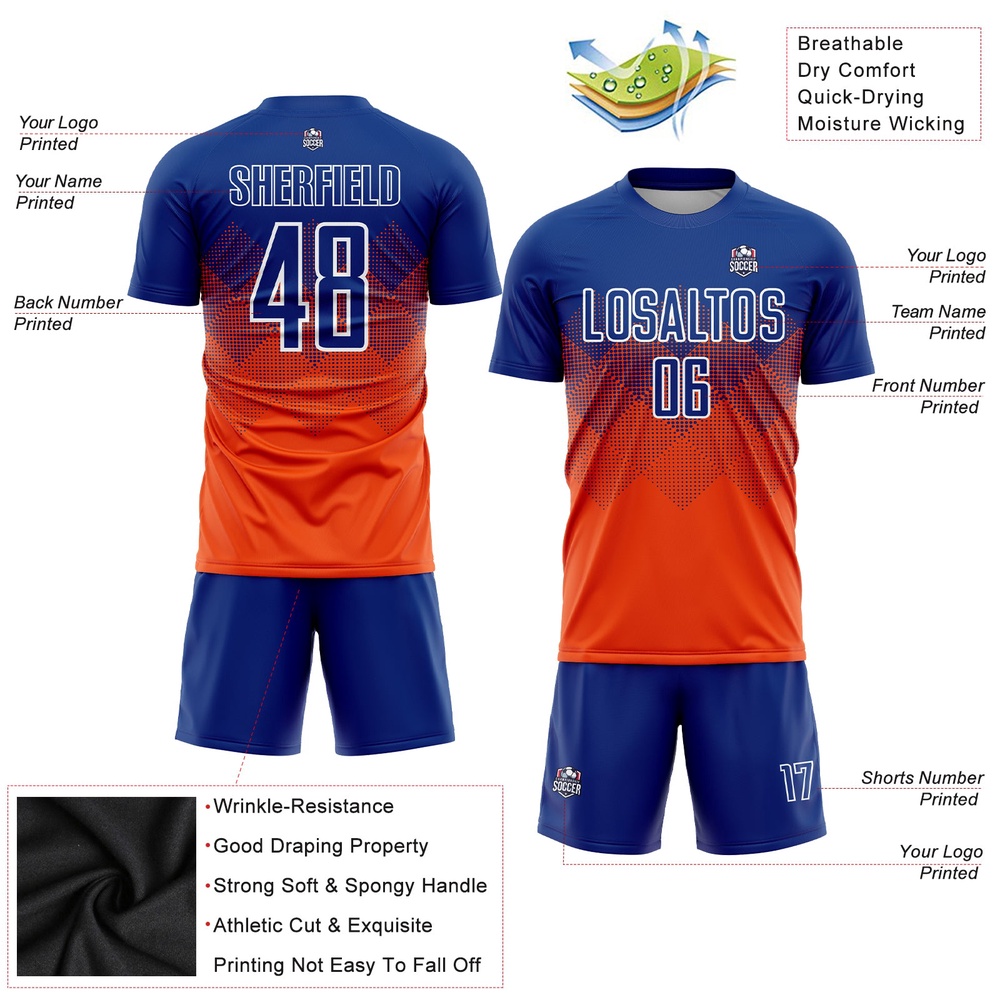 Orange Royal White Sublimation Soccer Uniform Jersey, Custom Team Soccer Jersey Shirt Orange Royal White Sublimation Soccer Uniform Jersey, Custom Team Soccer Jersey Shirt