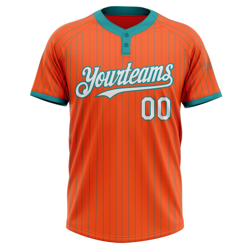 Orange Teal Pinstripe White Two Button Unisex Softball Jersey, Custom Team Softball Jersey Orange Teal Pinstripe White Two Button Unisex Softball Jersey, Custom Team Softball Jersey
