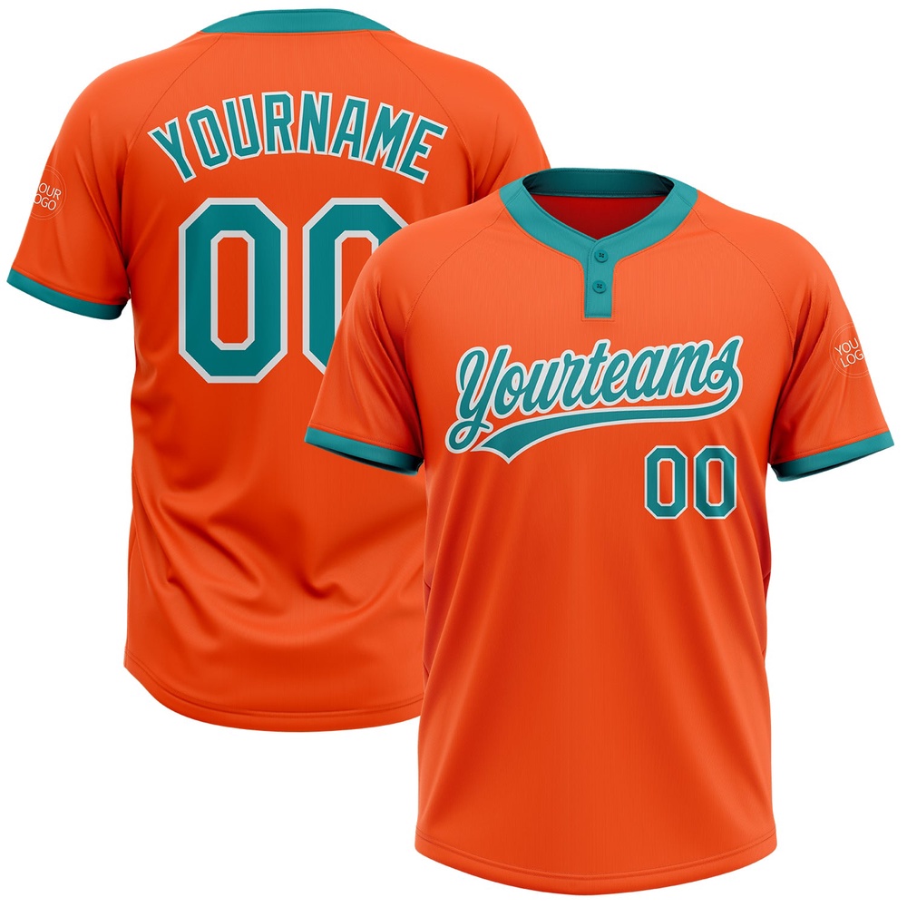 Orange Teal White Two Button Unisex Softball Jersey, Custom Team Softball Jersey Orange Teal White Two Button Unisex Softball Jersey, Custom Team Softball Jersey