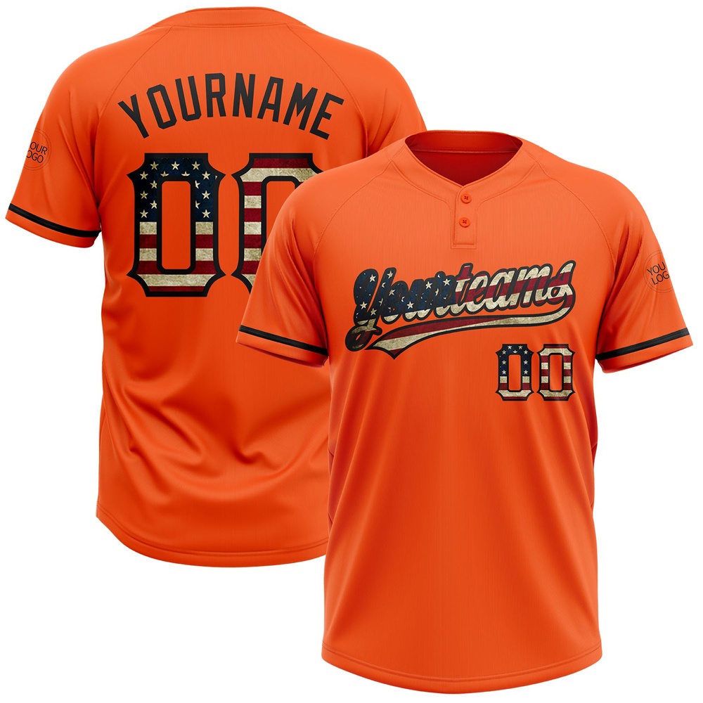 Orange Vintage USA Flag Black Two Button Unisex Softball Jersey, Custom Team Softball Jersey Orange Vintage USA Flag Black Two Button Unisex Softball Jersey, Custom Team Softball Jersey