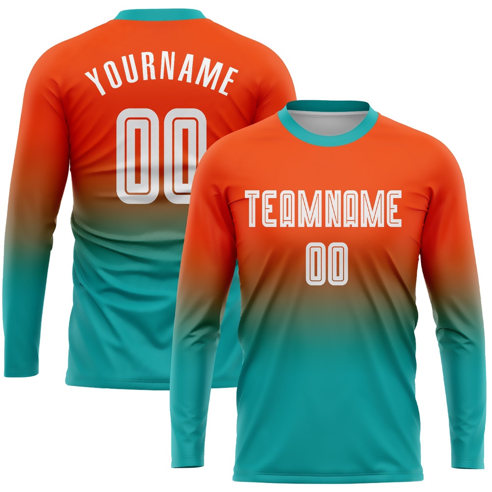 Orange White Aqua Sublimation Long Sleeve Fade Fashion Soccer Uniform Jersey, Custom Team Soccer Jersey Shirt Orange White Aqua Sublimation Long Sleeve Fade Fashion Soccer Uniform Jersey, Custom Team Soccer Jersey Shirt