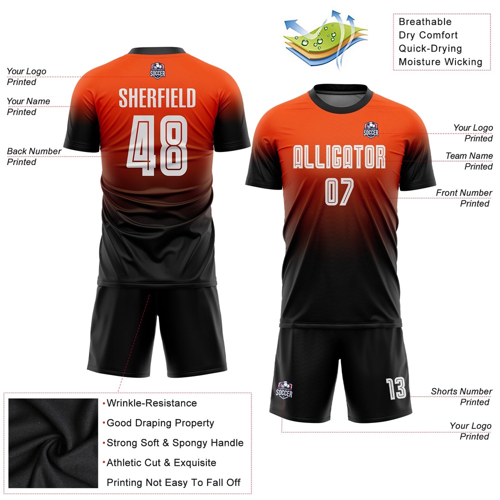 Orange White Black Sublimation Fade Fashion Soccer Uniform Jersey, Custom Team Soccer Jersey Shirt Orange White Black Sublimation Fade Fashion Soccer Uniform Jersey, Custom Team Soccer Jersey Shirt
