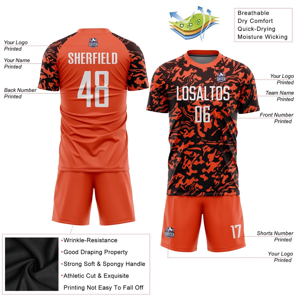 Orange White Black Sublimation Soccer Uniform Jersey, Custom Team Soccer Jersey Shirt