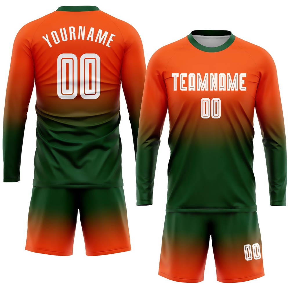 Orange White Green Sublimation Long Sleeve Fade Fashion Soccer Uniform Jersey, Custom Team Soccer Jersey Shirt Orange White Green Sublimation Long Sleeve Fade Fashion Soccer Uniform Jersey, Custom Team Soccer Jersey Shirt