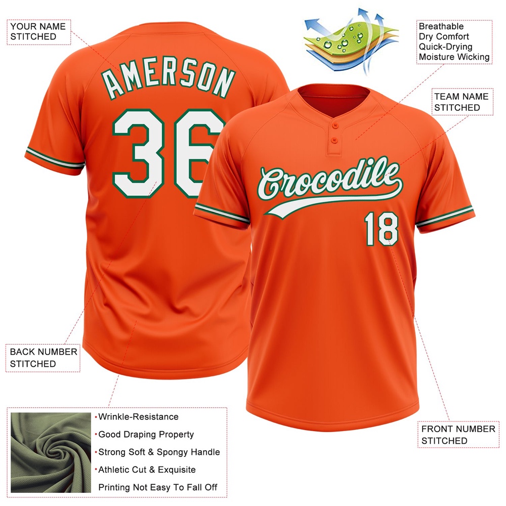 Orange White Kelly Green Two Button Unisex Softball Jersey, Custom Team Softball Jersey Orange White Kelly Green Two Button Unisex Softball Jersey, Custom Team Softball Jersey