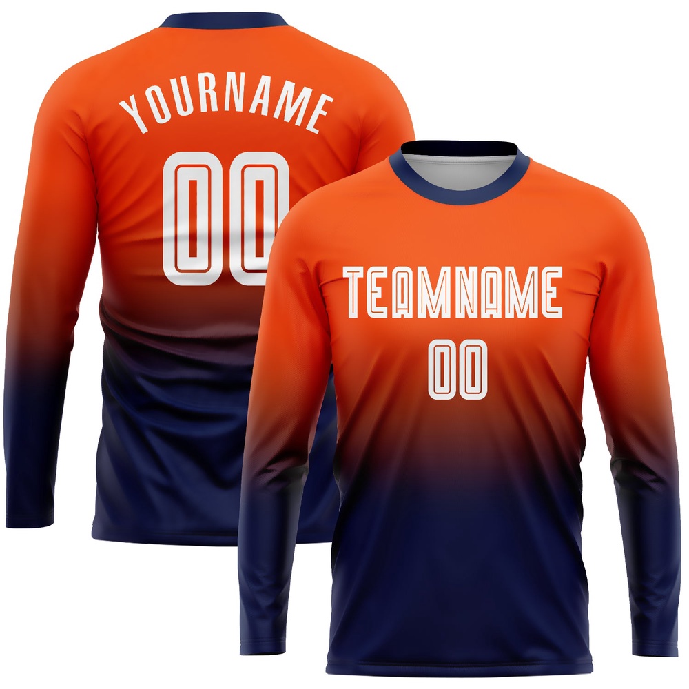 Orange White Navy Sublimation Long Sleeve Fade Fashion Soccer Uniform Jersey, Custom Team Soccer Jersey Shirt Orange White Navy Sublimation Long Sleeve Fade Fashion Soccer Uniform Jersey, Custom Team Soccer Jersey Shirt