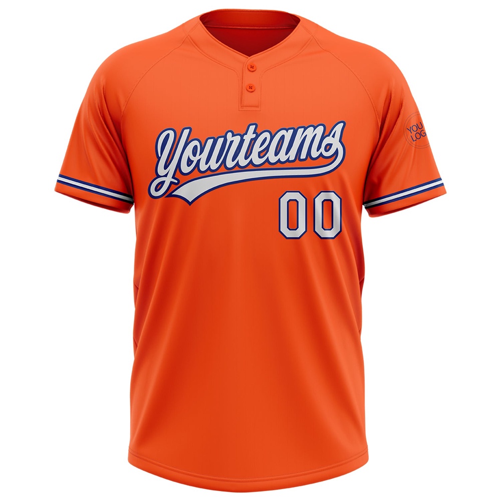 Orange White Royal Two Button Unisex Softball Jersey, Custom Team Softball Jersey Orange White Royal Two Button Unisex Softball Jersey, Custom Team Softball Jersey