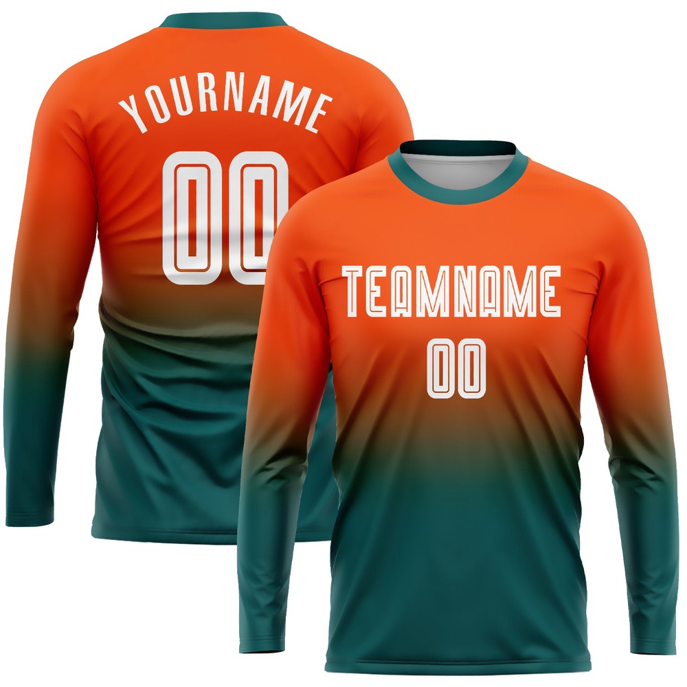 Orange White Teal Sublimation Long Sleeve Fade Fashion Soccer Uniform Jersey, Custom Team Soccer Jersey Shirt Orange White Teal Sublimation Long Sleeve Fade Fashion Soccer Uniform Jersey, Custom Team Soccer Jersey Shirt