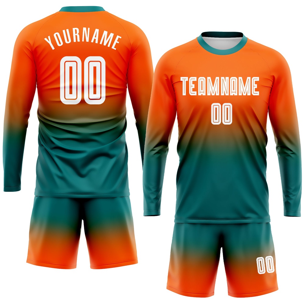 Orange White Teal Sublimation Long Sleeve Fade Fashion Soccer Uniform Jersey, Custom Team Soccer Jersey Shirt Orange White Teal Sublimation Long Sleeve Fade Fashion Soccer Uniform Jersey, Custom Team Soccer Jersey Shirt
