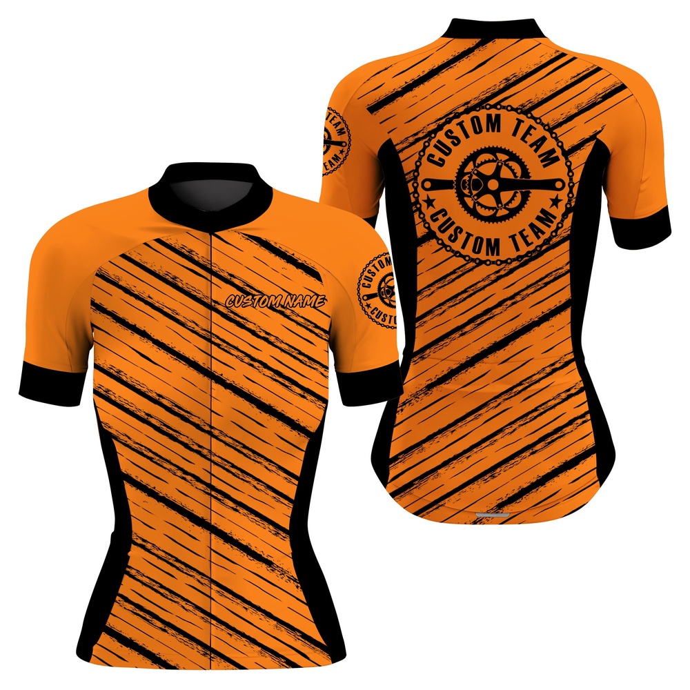 Orange Women Cycling Jersey Custom Name Cycle Gear With 3 Pockets Anti Uv Full Zip Racewear, Custom Mono Cycling Jersey