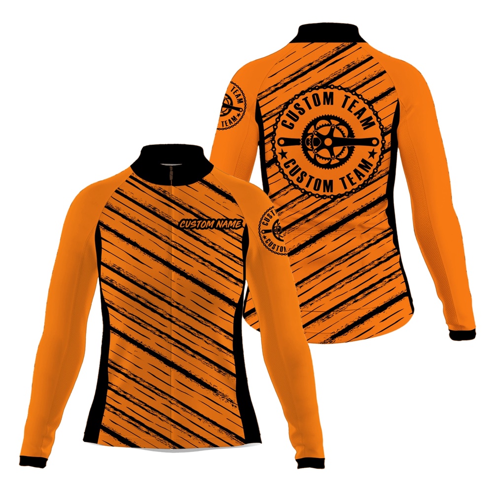 Orange Women Cycling Jersey Custom Name Cycle Gear With 3 Pockets Anti Uv Full Zip Racewear, Custom Mono Cycling Jersey
