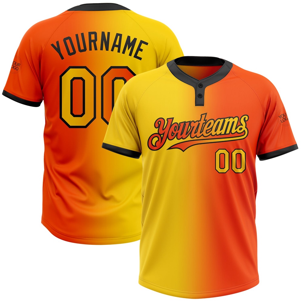 Orange Yellow Black Gradient Fashion Two Button Unisex Softball Jersey, Custom Team Softball Jersey Orange Yellow Black Gradient Fashion Two Button Unisex Softball Jersey, Custom Team Softball Jersey