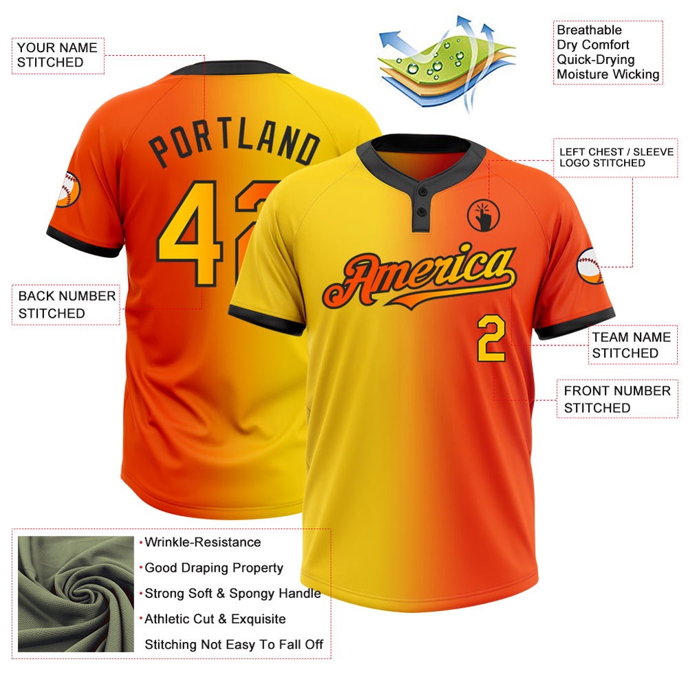 Orange Yellow Black Gradient Fashion Two Button Unisex Softball Jersey, Custom Team Softball Jersey Orange Yellow Black Gradient Fashion Two Button Unisex Softball Jersey, Custom Team Softball Jersey