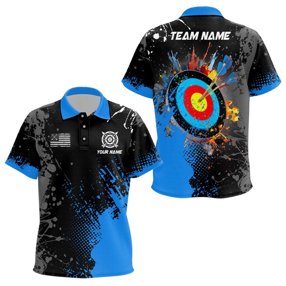 Paint Blue Target Archery Polo Shirts Custom Name Archery Polo Attire, Custom Archery Team Polo Shirt