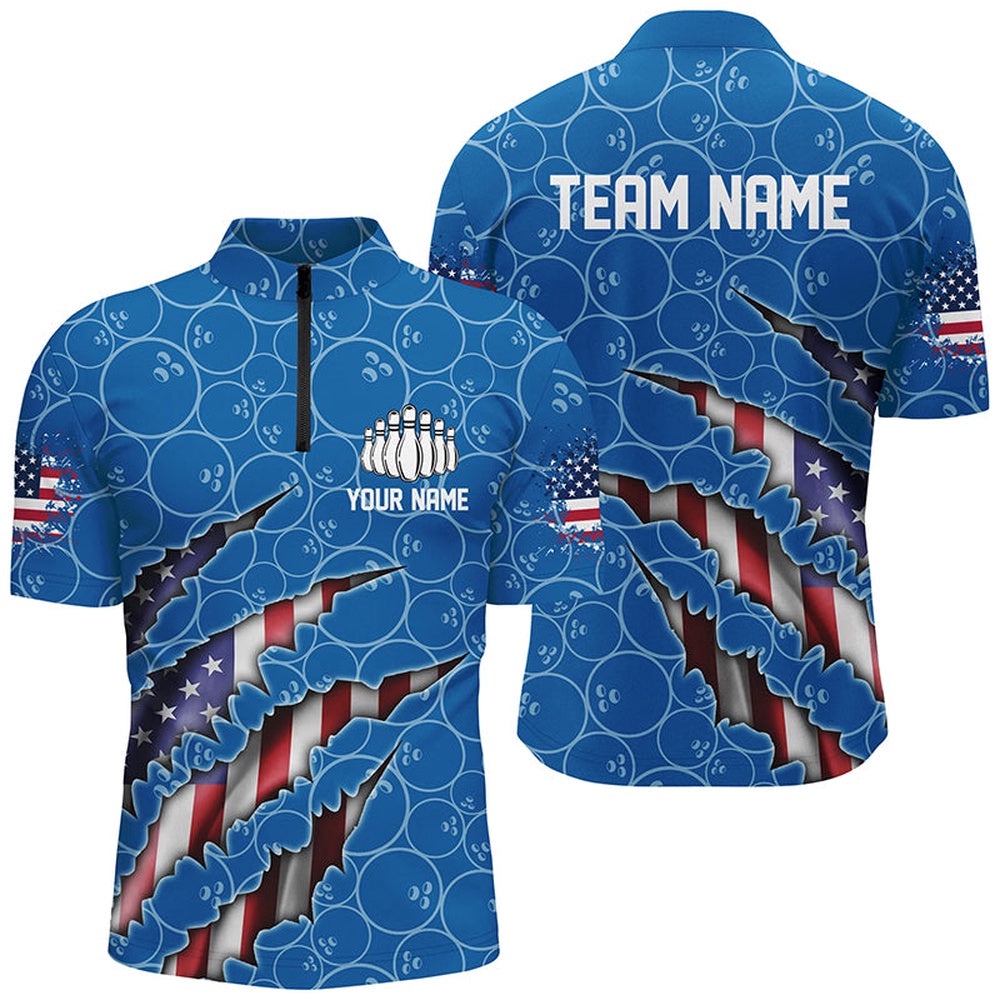 Patriotic Bowling Zip Shirts For Men, American Flag Bowling Uniform Bowlers Outfit Blue, Custom Bowling Team Jersey Shirt
